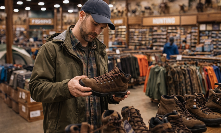 Man shopping for hiking boots inside a sporting goods store, comparing outdoor footwear options for quality and value