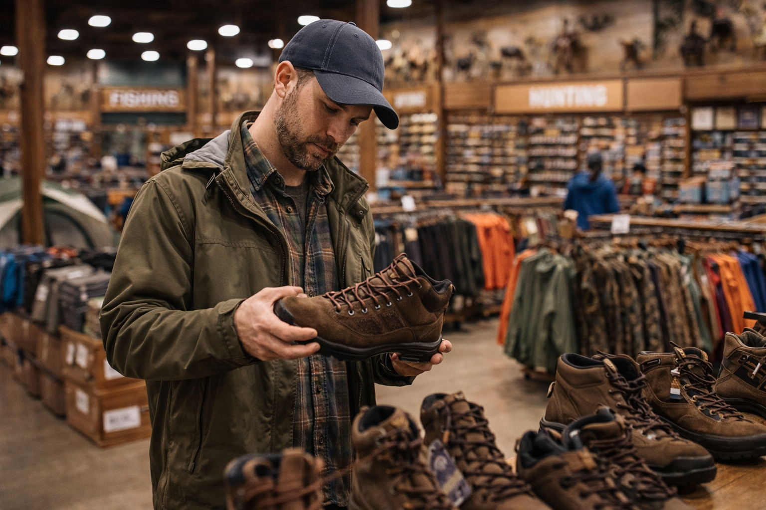 Man shopping for hiking boots inside a sporting goods store, comparing outdoor footwear options for quality and value